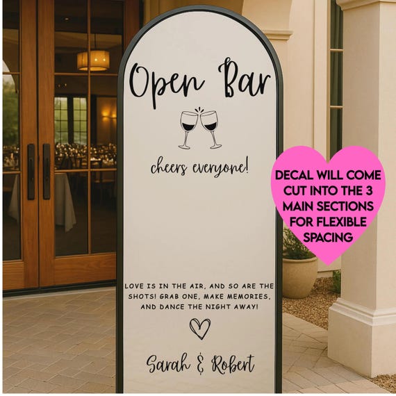 Open Bar Sign: Wedding Mirror Decal | Personalized Reception Sign | Playful and Elegant Stickers for Bride and Groom