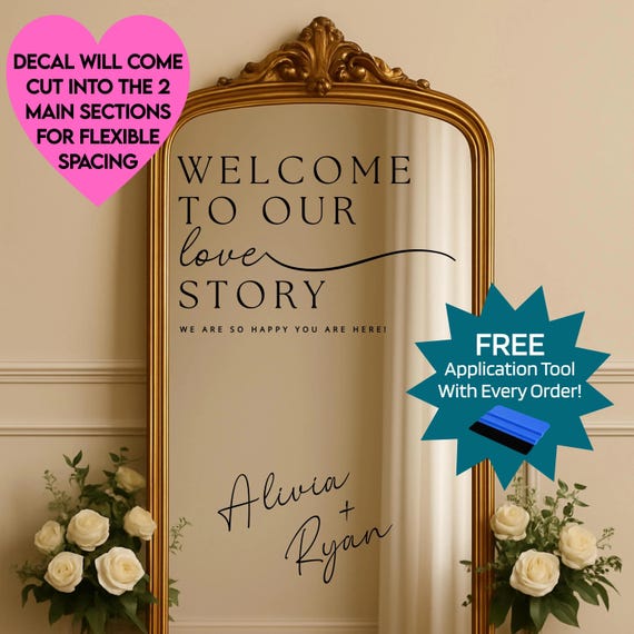 Welcome to our Love Story Personalized Wedding Sign: Wedding Mirror Decal | Elegant and Timeless Stickers for Bride and Groom