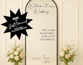 Wedding Mirror Decal + FREE Just Married Vinyl | Personalized Welcome Sign for Ceremony or Reception | Modern Wedding Decor for Glass Mirror