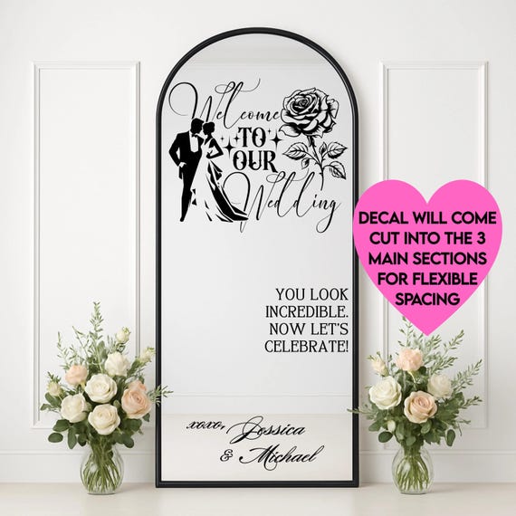 Romantic Wedding Welcome Mirror Decal: Wedding Welcome Sign – Elegant Floral Bride & Groom Design – For Ceremony Entrance