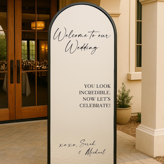 Custom Welcome to our Wedding Decal: Wedding Welcome Sign – Elegant Modern Mirror Design – For Bride and Groom Ceremony