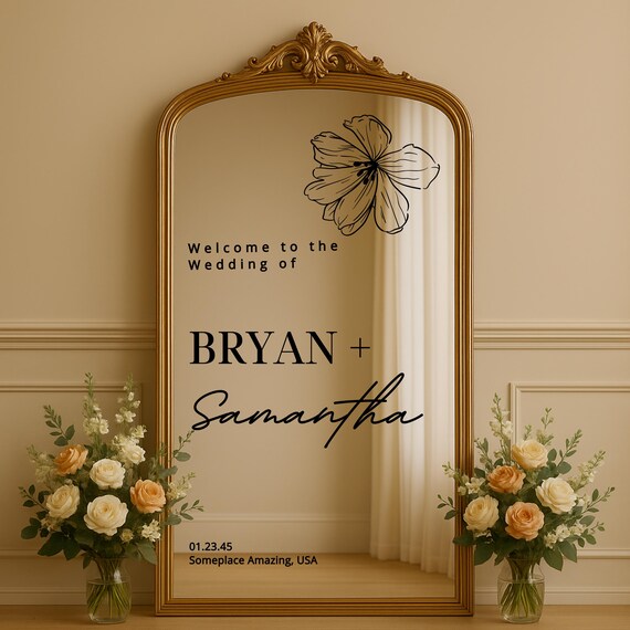 Floral Wedding Welcome Sign: Wedding Welcome Sign – Elegant Minimalist Mirror Decal – For Wedding Ceremony & Reception