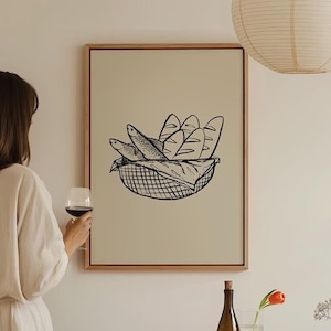 Jesus matar 5000 (förenklad), 5 bröd, 2 fiskar, Matteus 14, Johannes 6, modern bibelvers, konsttryck, fransk kristen väggdekoration för kök