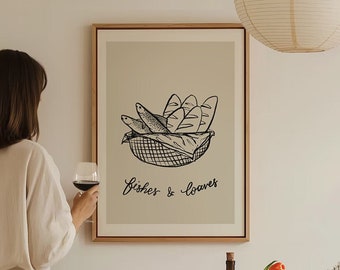 Jesus Feeds 5000, 5 Loaves Bread 2 Fishes, Matthew 14 John 6 Modern Bible Verse Art Print French Christian Wall Art Biblical Kitchen Decor