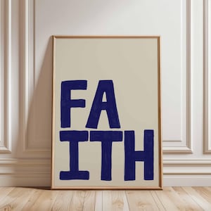 Póster cristiano retro con impresión artística de Jesús azul y fe, boceto bíblico moderno de moda, decoración de cocina retro cristiana de mediados de siglo, carta estética de Dios