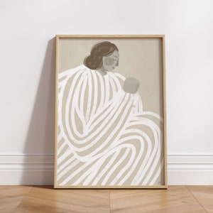 May include: A framed illustration of a person in a white and beige striped outfit, with their hands clasped together. The person is looking down, and the background is a light beige color.