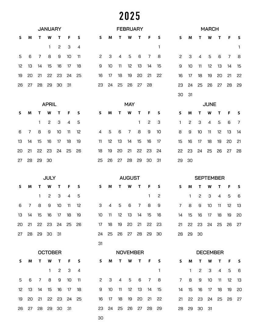 2025 Minimalist Printable Calendar Sunday Start 2025 Calendar Letter 2025 Minimalist Printable Calendar Sunday Start 2025 Calendar Letter