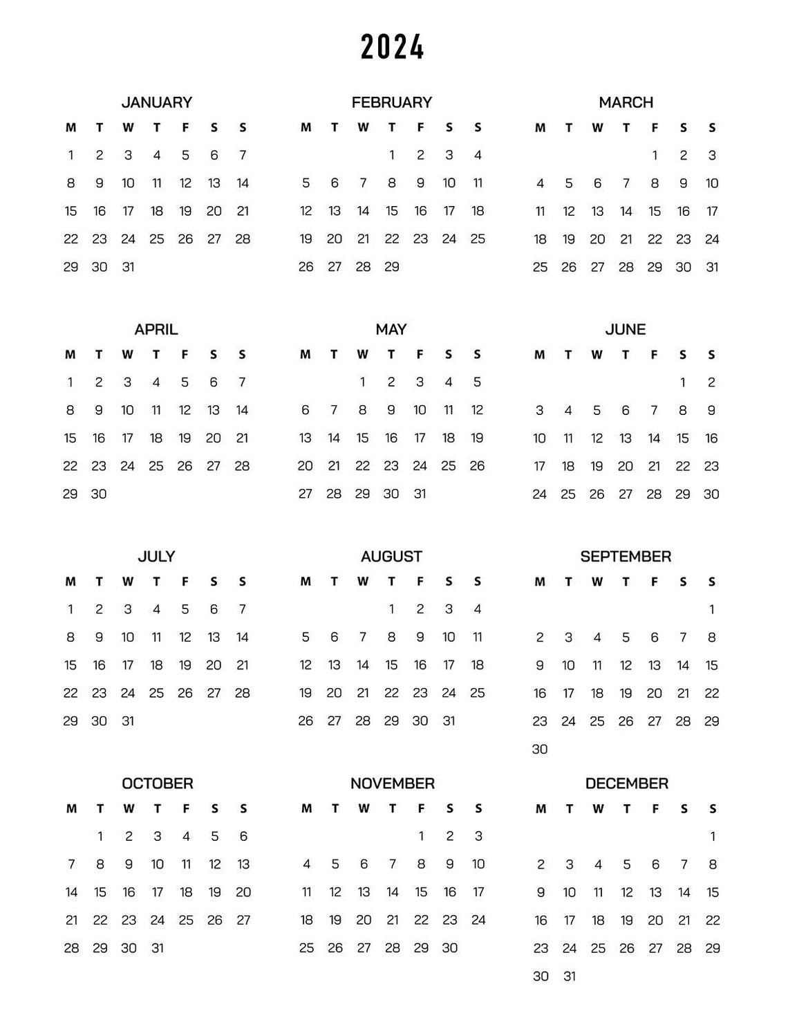 2024 Minimalist Printable Calendar, Monday Start, 2024 Calendar, Letter