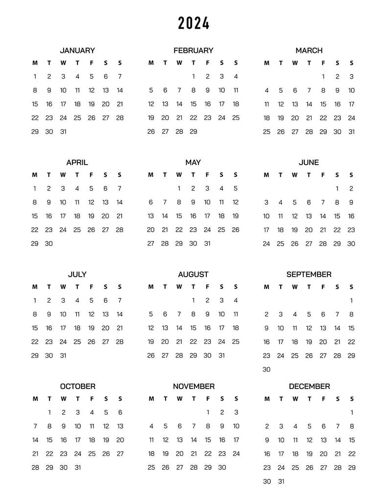 2024 Minimalist Printable Calendar, Monday Start, 2024 Calendar, Letter