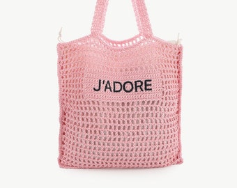 Crochet net shopper J'AD... Rosé with black lettering SCHUHZWANG