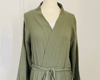 Musselin-Kimono XS-XL Khaki/Olive mit Gürtel Musselinmantel Musselinbluse SCHUHZWANG