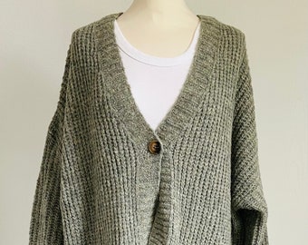 Oversized Cardigan Vintaglook Fransen Matcha-Grün/Grau XS-XL Strickjacke Strickmantel schuhzwang