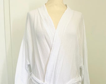 Musselin-Kimono XS-XL Weiß mit Gürtel Musselinmantel Musselinbluse SCHUHZWANG