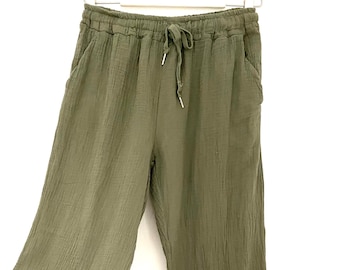 Musselin-Hose Gr. 34-40 Khaki Olive weite Hose schuhzwang