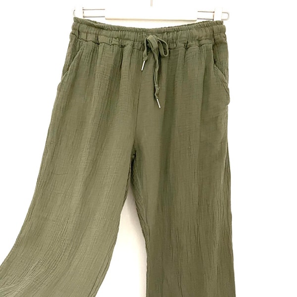 Musselin-Hose Gr. 34-40 Khaki Olive weite Hose schuhzwang