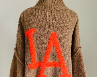 Oversized LA fluffy knitted sweater turtleneck chunky knit camel/orange sweater SCHUHZWANG