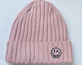 Beanie Happy Smiley Strickmütze - Rosé - SCHUHZWANG