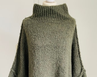 Oversized knitted sweater turtleneck chunky knit dark khaki sweater SCHUHZWANG