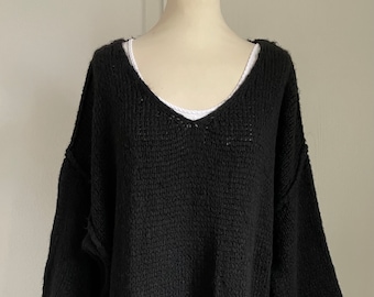 Oversized Strickpullover V-Auschnitt Grobstrick Schwarz Pullover Pulli SCHUHZWANG