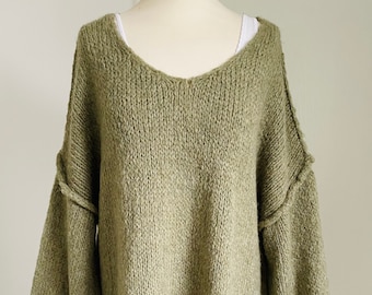 Oversized Strickpullover V-Auschnitt Grobstrick Matcha Pullover Pulli SCHUHZWANG