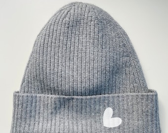 Beanie hearts light gray white cuddly soft knitted hat SCHUHZWANG