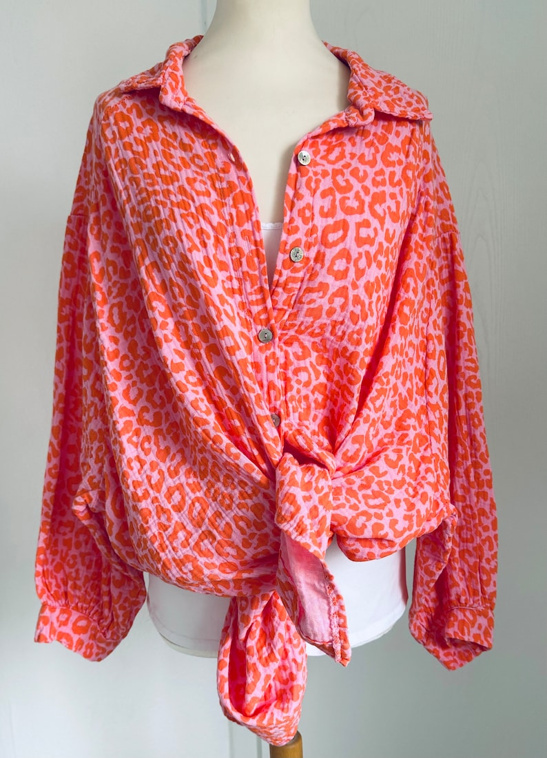 Oversized Musselinbluse XS-XXL Hemd Leo Orange/Rosa SCHUHZWANG Bild 3