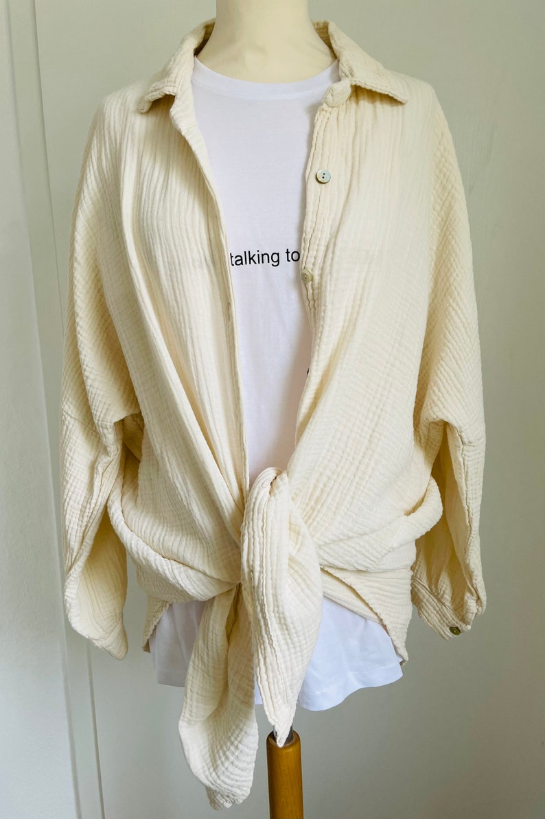 Oversized Musselinbluse XS-XXL Hemd Creme schuhzwang Bild 3