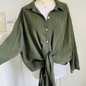 Oversized Musselinbluse XS-XXL Hemd Dunkel-Khaki Olive schuhzwang Bild 3