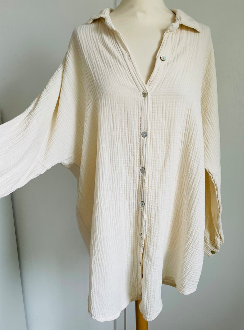 Oversized Musselinbluse XS-XXL Hemd Creme schuhzwang Bild 7