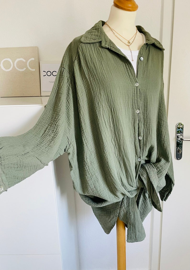 Oversized Musselinbluse XS-XXL Hemd khaki olive schuhzwang Bild 3