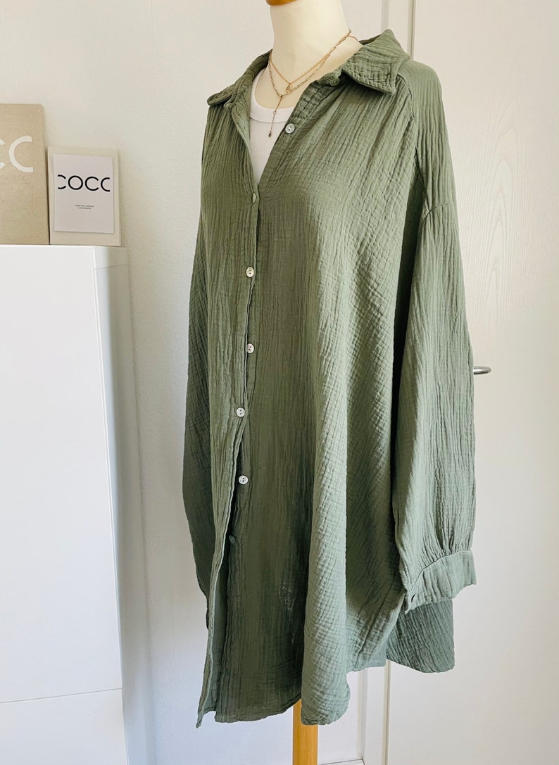 Oversized Musselinbluse XS-XXL Hemd khaki olive schuhzwang Bild 2