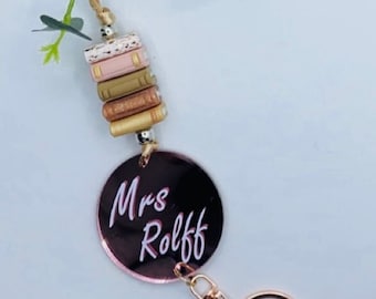 Personalized Rose Gold Book Stack Teacher Lanyard - Custom Badge Holder - Educational Gift - Chic Classroom Accessory
