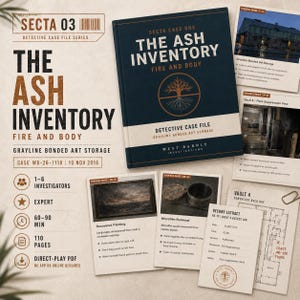 May include: A detective case file game titled The Ash Inventory, featuring a dark blue book with a tree logo, multiple evidence cards with photographs of a storage facility, a floor plan, and a record extract log, all displayed on a light background.
