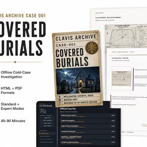 May include: Clavis Archive Case 001 Covered Burials cold-case investigation kit featuring a central file folder with a church illustration, two printed document sheets including a cemetery map and dispatch sheet, and a digital interface display.