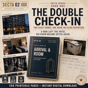 May include: A Secta Series Case 002 detective case file game titled The Double Check-In. The set includes a dark blue folder, three photographic evidence cards, a guest ledger, and a pen, all featuring text about a hotel mystery.
