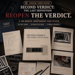 May include: A mystery game set titled Second Verdict: The Thirty-Sixth Frame, featuring an investigation book, a prosecution timeline, case documents, contact sheets, a house plan, a ruler, and a pencil, all presented for a 120-minute case review.