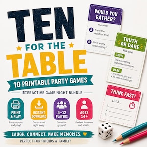 Pode incluir: Um conjunto de jogos de festa imprimíveis intitulado TEN FOR THE TABLE com três cartas de jogo apresentando desafios de Would You Rather, Truth or Dare e Think Fast. Inclui um dado branco de seis lados, um lápis azul e um lápis rosa.