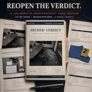May include: A Second Verdict The Last Deposition independent case review game in a manila folder, surrounded by printed documents including a Scene Overview, Temporary Credential T-17, and Dictation and Print Activity with a silver pen.