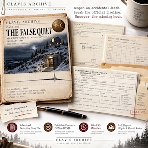 May include: A Clavis Archive mystery game set titled The False Quiet, featuring a case file folder, a Pennsylvania State Police incident report, a map of the Ridgewell Geophysical Observatory, a Kettle Run gatehouse tally, and a black fountain pen.