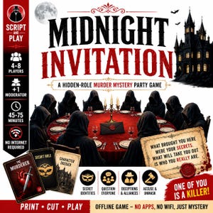 Convite à Meia-Noite: Jogo de Mistério e Assassinato para Imprimir, Jogo de Dedução Social com Papéis Ocultos, 4 a 8 Jogadores, PDF Offline