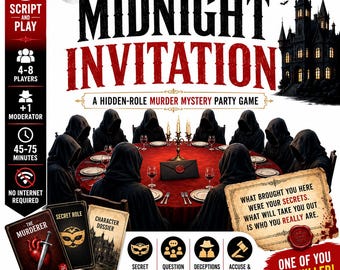 Midnight Invitation Printable Murder Mystery Party Game, Hidden Role Social Deduction Game, 4–8 Players, Offline PDF