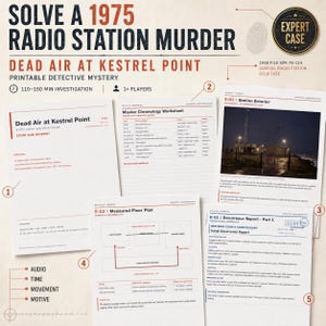 May include: A printable detective mystery game titled Solve a 1975 Radio Station Murder: Dead Air at Kestrel Point. The set includes a story document, a master chronology worksheet, a station exterior photo, a floor plan, and an occurrence report.