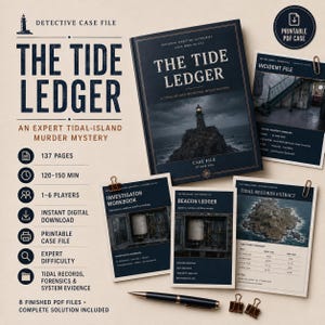 May include: A printable detective case file titled The Tide Ledger, featuring a dark blue cover with a lighthouse image. Includes an investigator workbook, beacon ledger, incident file, and tidal records extract, all displayed with a black pen and clips.