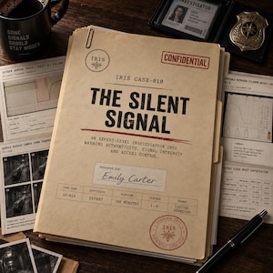 Peut inclure: Un dossier en papier kraft beige intitulé IRIS CASE-010 THE SILENT SIGNAL avec un tampon rouge CONFIDENTIAL. La couverture présente un texte détaillant une enquête de niveau expert, une ligne préparée par Emily Carter et un tableau.