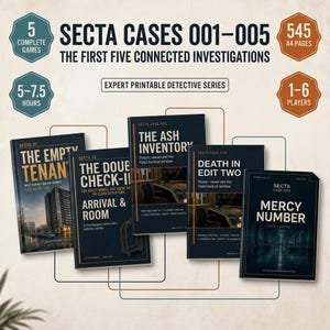 May include: A set of five printable detective game case files titled Secta Cases 001-005. The dark blue covers feature titles including The Empty Tenant, The Double Check-In, The Ash Inventory, Death in Edit Two, and Mercy Number, with 545 total pages.