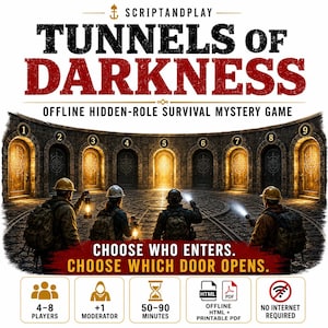 Hidden Role Survival Mystery for 4–8 Players, Offline HTML + Printable PDF: Tunnels of Darkness