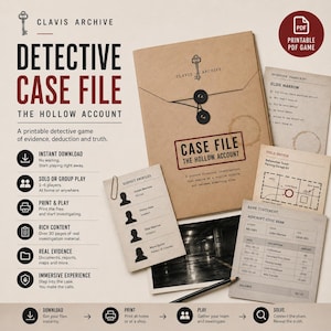 Printable Detective Case File PDF | Murder Mystery Game | Evidence Prop Pack | IRIS The Hollow Account | Instant Download | Case Atmosphere