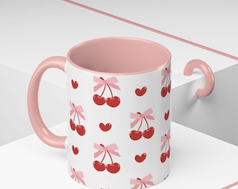 Girly Coffee Mug: Coquette Cherries Ceramic Drink Mug, Pink and Red Tea Mug, Drinkware