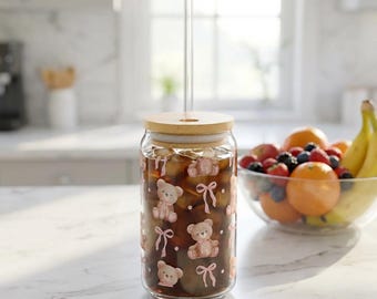 Coquette Teddy Bear Tumbler | Aesthetic Glass Cup, Girly Gift for Her, Coquette Sipper Cup, Cute Glass Tumbler, Aesthetic Drinkware