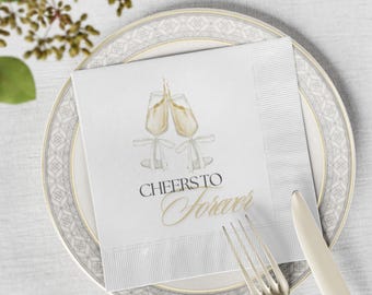 Cheers To Forever Wedding Napkins: White Coined Edge Cocktail Napkins, Rehearsal Dinner Essentials, Wedding Must Haves